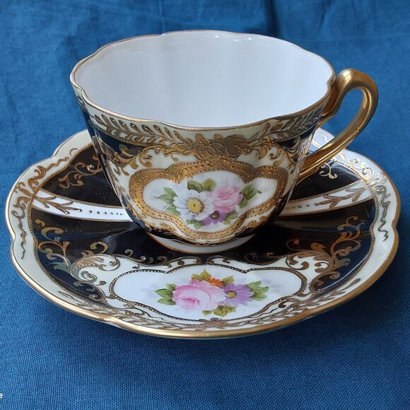 Stunning vintage Noritake teacup and saucer set hand painted flowers gold moriag - Picture 1 of 14